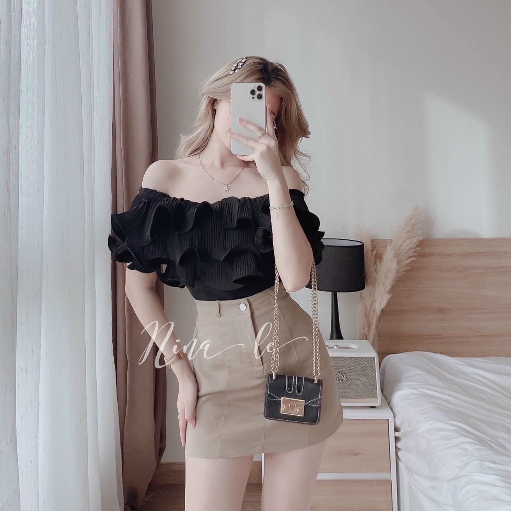 Sét áo và chân váy nữ áo trễ vai phối bèo tần dập ly kèm chân váy ngắn