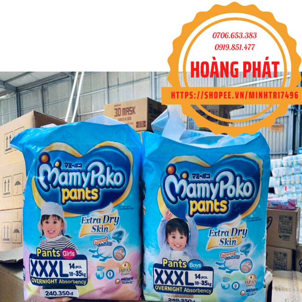 Bỉm tã quần Mamy Poko size XXXL 14 miếng cho bé 18-35kg