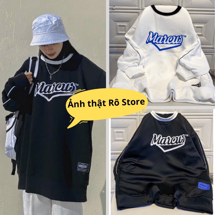 Áo sweater/Áo nỉ cổ tròn form rộng tay bồng unisex nam nữ in chữ MARCUS phối viền cổ độc đáo RÔ STORE SW27 | BigBuy360 - bigbuy360.vn