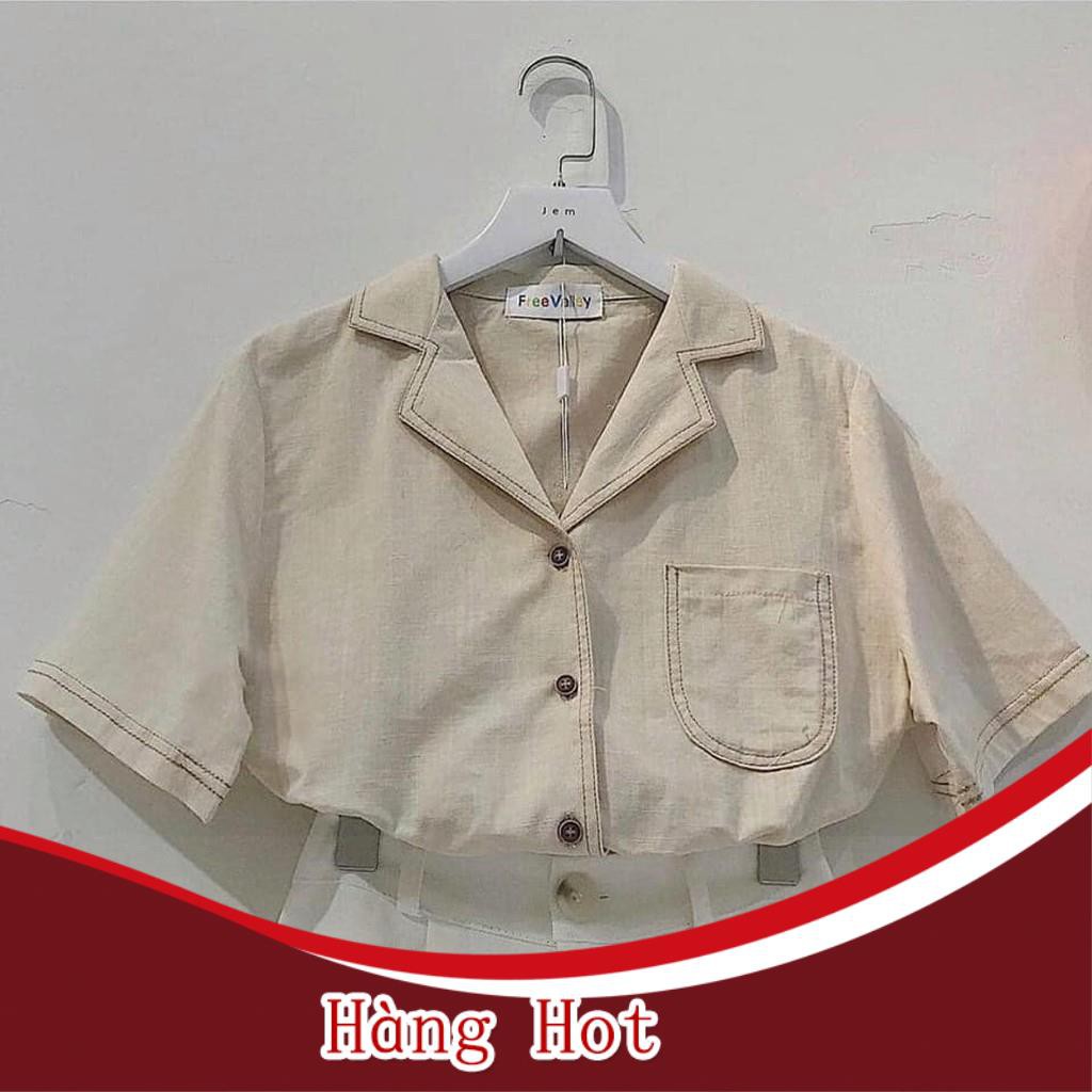 Áo sơ mi nữ thô đũi viền cổ, áo kiểu nữ cộc tay cổ vest viền chỉ freesize. ( ảnh thật)