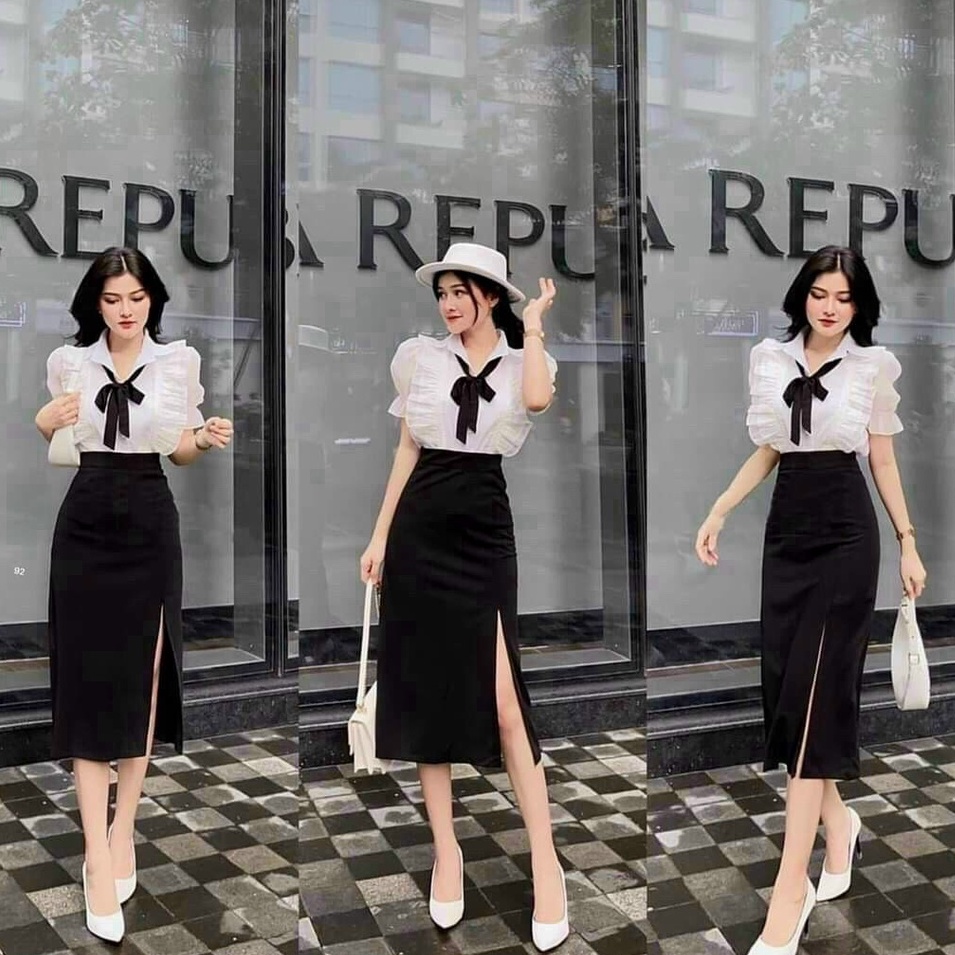 Sét Áó 2 Lớp Bèo Cài Nút Thật  Có Nơ,Cổ Sơ Mi Kèm Chân Váy Xẻ Tà Mẫu Như Hình Siêu Xinh Phù Hợp Mọi Phong Cách