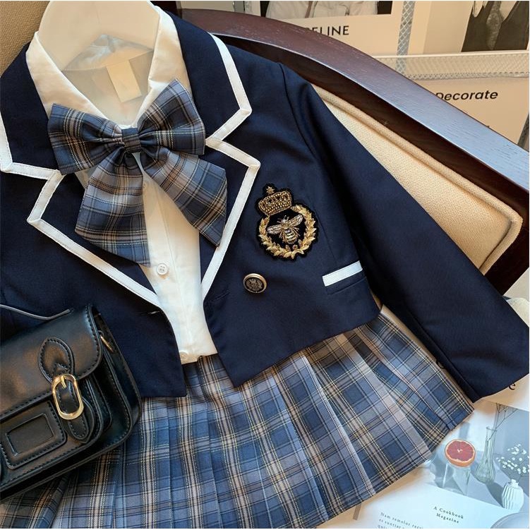 Bộ Áo Khoác + Chân Váy Xếp Ly Phong Cách Preppy Mẫu Mới 2022 Thời Trang Mùa Thu Cho Bé Gái