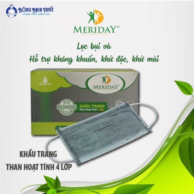 Khẩu trang y tế kháng khuẩn Bông Bạch Tuyết (CHÍNH HÃNG) Meriday than hoạt tính 4 lớp (Hộp 50 cái)