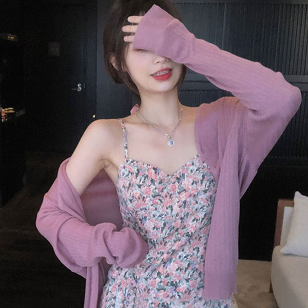 Áo Cardigan Dệt Kim Mỏng Dáng Rộng Màu Tím Thời Trang Xuân Hè Đơn Giản