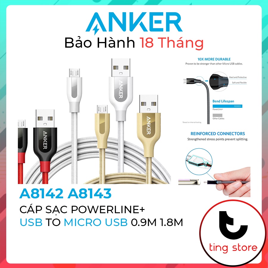 Cáp Sạc Siêu Bền Chống Rối Anker PowerLine+ USB To Micro USB Đầu Bọc Thép Chống Gãy - A8142 Dài 0.9m - A8143 Dài 1.8m