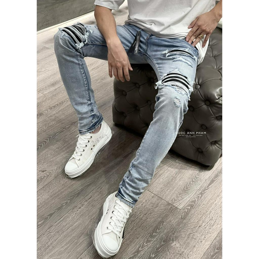 Quần AMIRI Like_AU Xanh Khói Lót Da Nhăn Quần Bò Nam Amiri Ống Côn Xanh Mài Bạc Gối Vá Họa Tiết