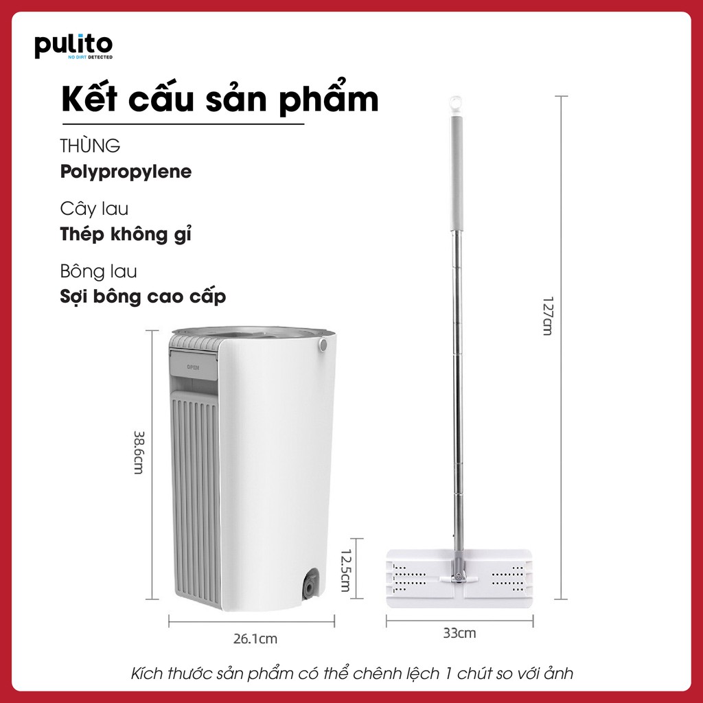 Bộ lau nhà tự vắt thông minh Pulito cán dài đầu xoay 360 độ kèm thùng vắt 2 ngăn bông lau thấm hút cao CKT-TT