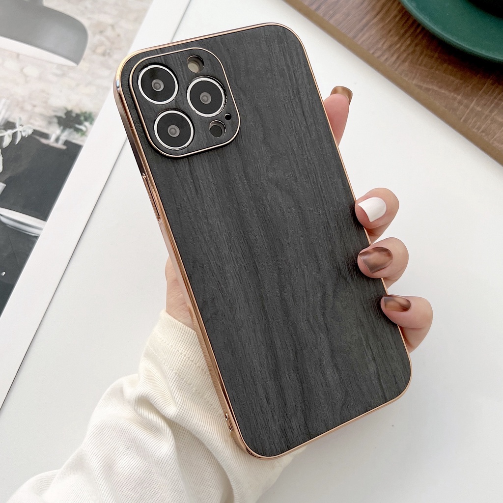 Ốp Điện Thoại Họa Tiết Vân Gỗ Mạ Vàng Sang Trọng Cho iPhone 13Pro 12 Pro Max