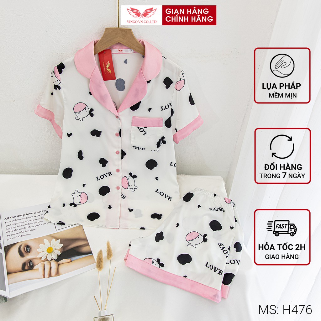 Đồ Bộ Nữ Pijama Mặc Nhà VINGO Lụa Pháp Cao Cấp Tay Cộc Quần Cộc Họa Tiết Bò Sữa Hồng Love Trẻ Trung Mùa Hè H476 VNGO