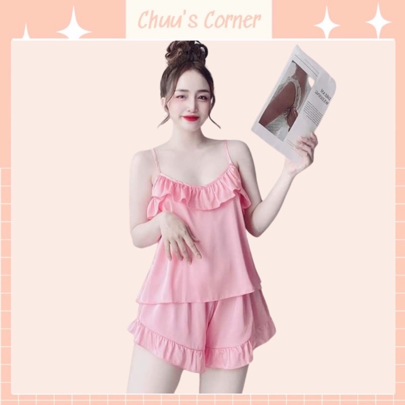 Set bộ đồ ngủ hai dây vải satin cao cấp mát mịn cho nữ