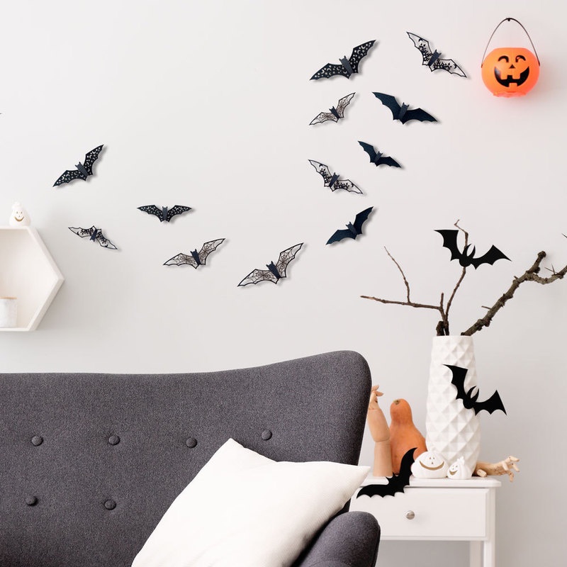 Set 12 Miếng Dán Tường Trang Trí Halloween Hình Mặt Trăng / Ngôi Sao Màu Đen