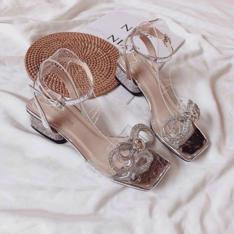 [Hàng cao cấp loại 1] Giày sandal quai ngang trong nơ đá gót 4p đính đá hàng vnxk cao cấp bán shop