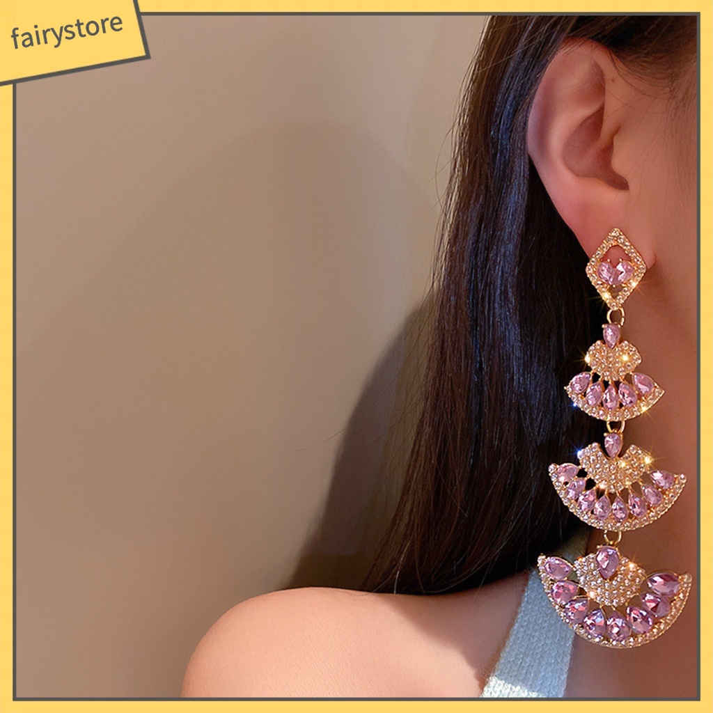 1 Đôi Bông Tai Dài Hình Quạt Đính Đá Lấp Lánh