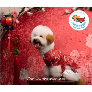 Áo dài gấm đỏ mặc Tết cho chó mèo