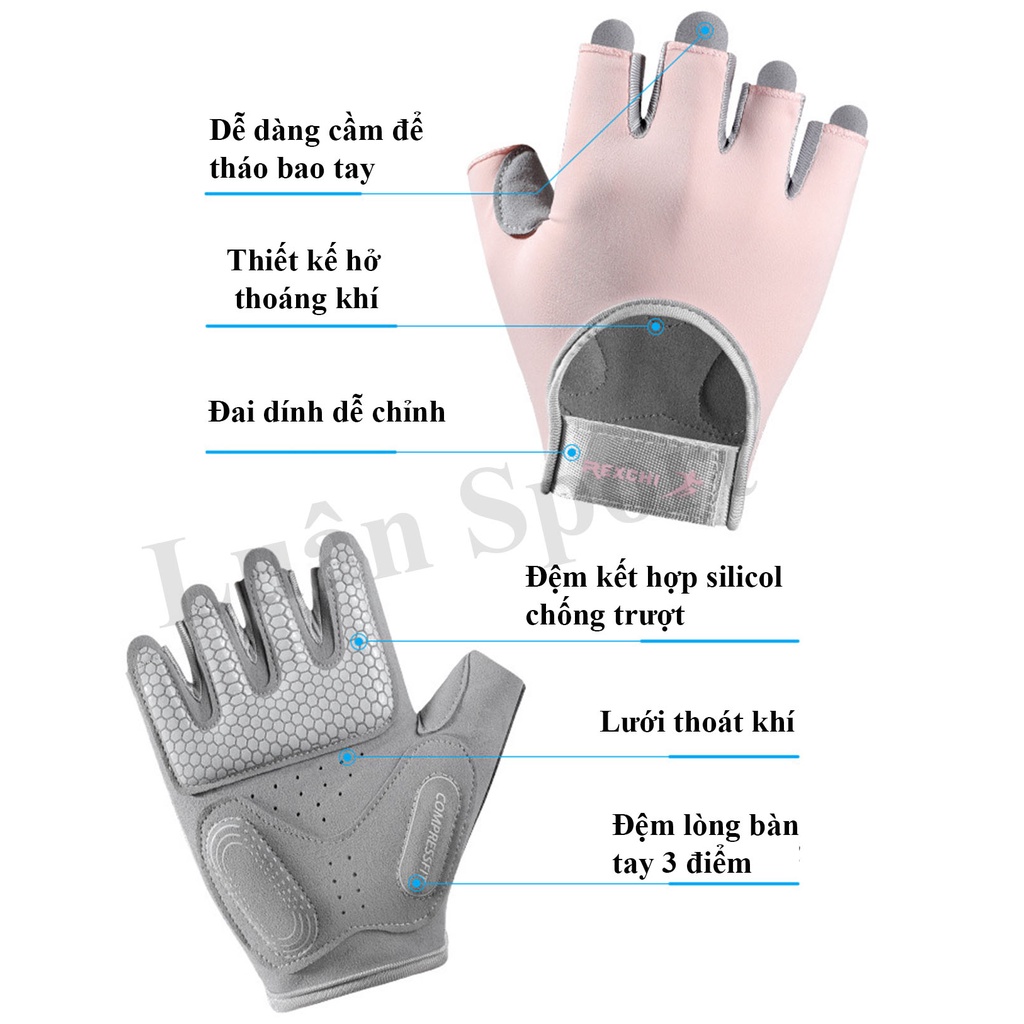 Găng tay thể thao có đệm 3 điểm lòng bàn tay - Găng tay tập Gym chính hãng Rexchi - Chống chai tay