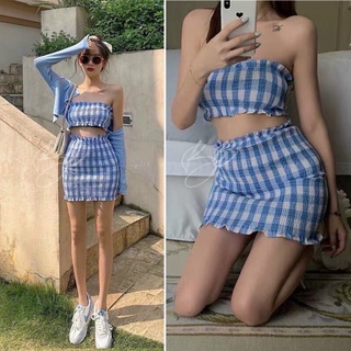 SET 2 MÓN : ĐẦM ỐNG CARO XANH CUT OUT NHÚN CHUN + ÁO KHOÁC