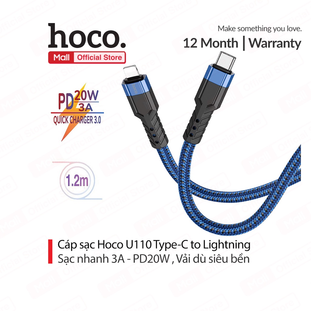 Cáp sạc PD20W Hoco U110 Type-C dành cho ip6/7/8/9/13promax sạc nhanh 3A vải dù chống rối dài 1.2M
