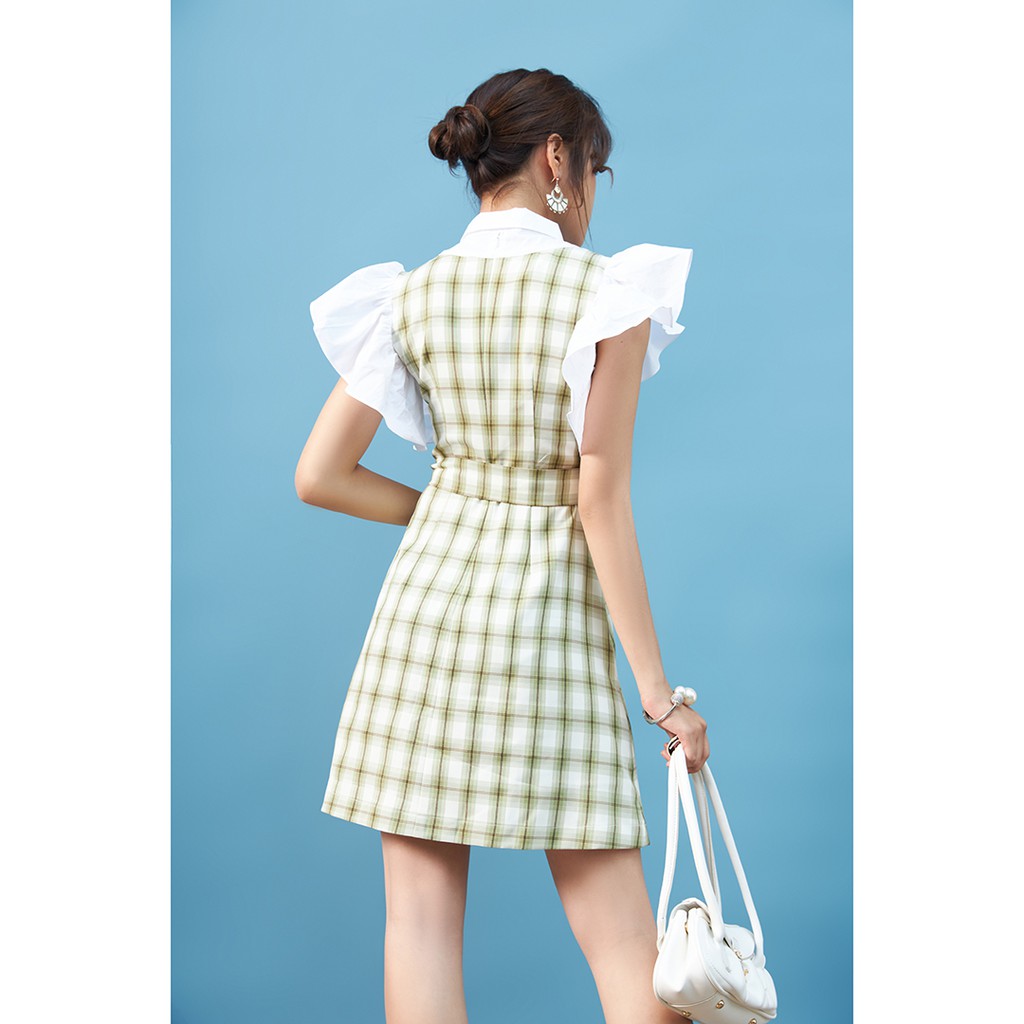 Đầm ngắn tay sọc caro phối áo trắng có đai DEW0565 - 92WEAR | BigBuy360 - bigbuy360.vn