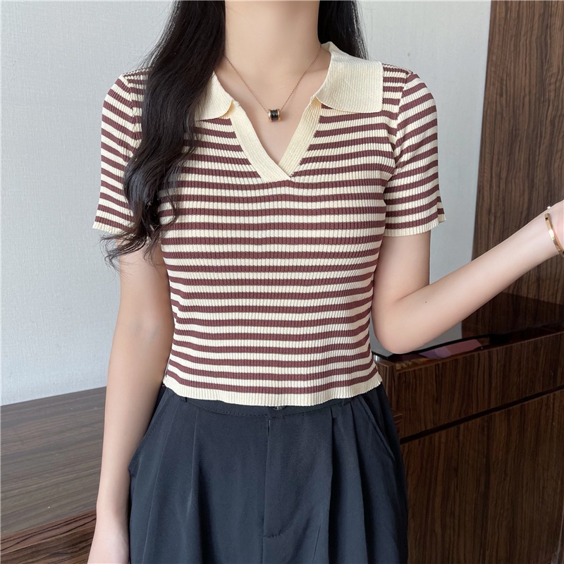 Áo thun SUXI polo dệt kim tay ngắn họa tiết kẻ sọc thời trang Hàn Quốc dễ phối đồ cho nữ