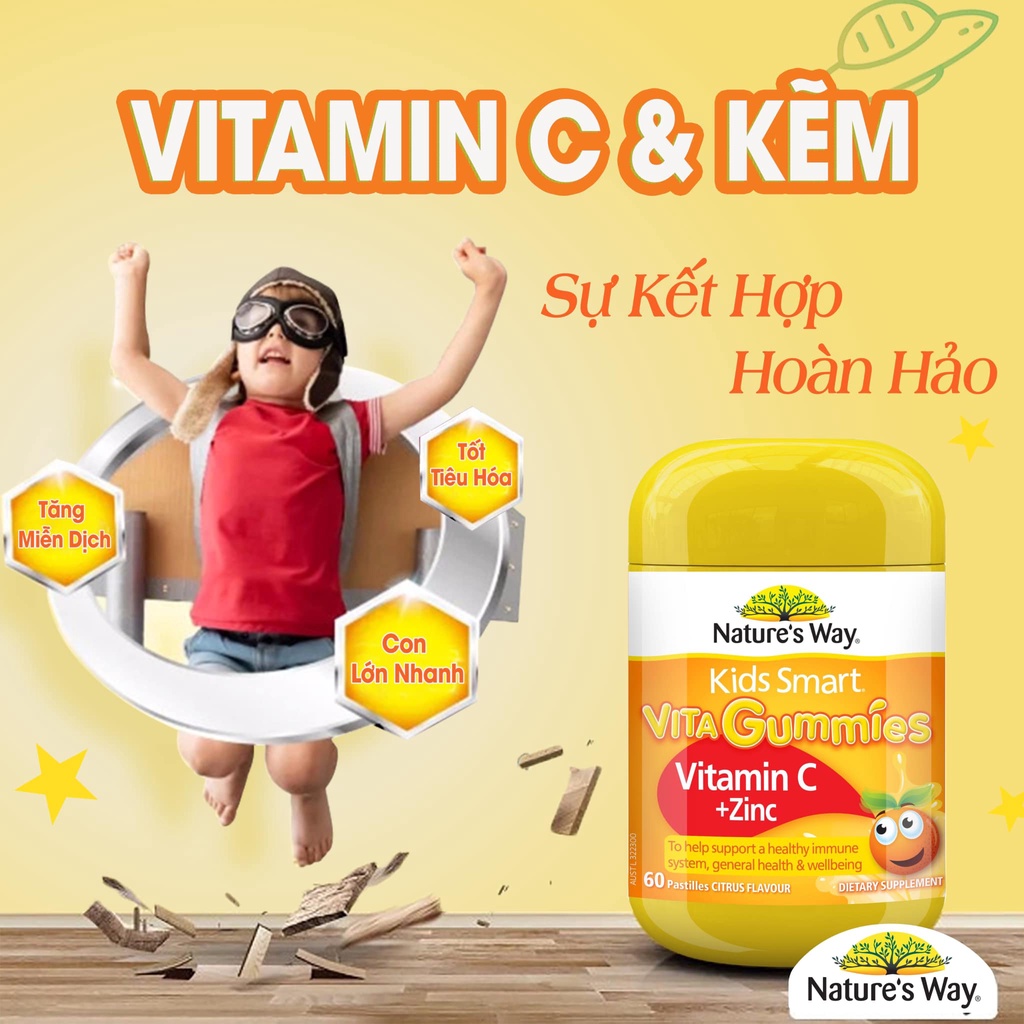 Kẹo Dẻo Vitamin C Kẽm Gummies NATURE'S WAY Bổ Sung Vitamin C Và Kẽm Cho Bé, Hộp 60 Viên