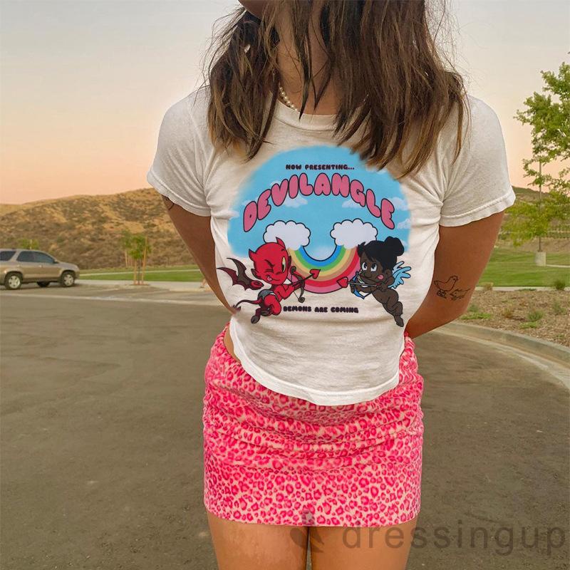 Áo Thun Tay Ngắn Cổ Tròn In Hình Thiên Thần Ác Quỷ Thời Trang Cho Nữ