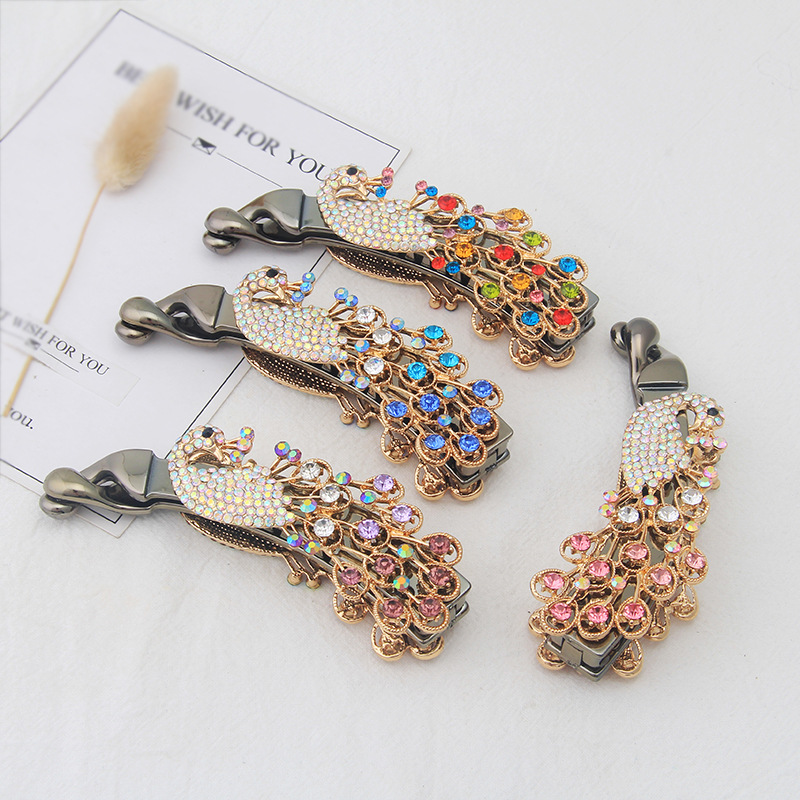 Phụ Kiện Tóc Rhinestone Kẹp Tóc Thạch Anh Tím Tóc Đuôi Ngựa Kẹp Dọc Hàn Quốc Con Công Bướm Kim Cương Chuối Kẹp Tóc & Kẹp Tóc