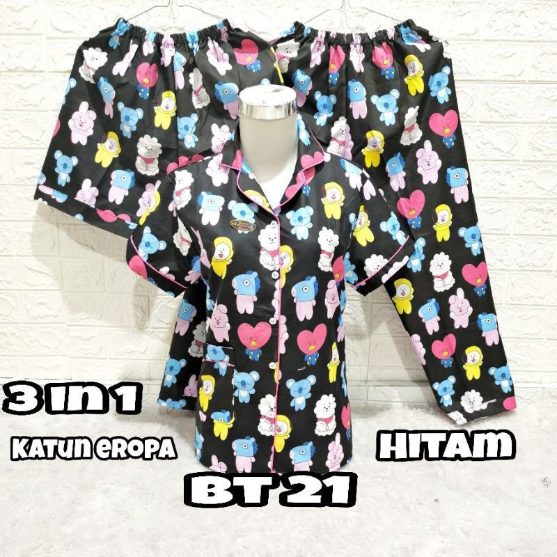 Bộ Đồ Ngủ Cotton Màu Đen In Hình Bt21 Phong Cách Nhật Bản 3 Trong 1 Cho Người Lớn