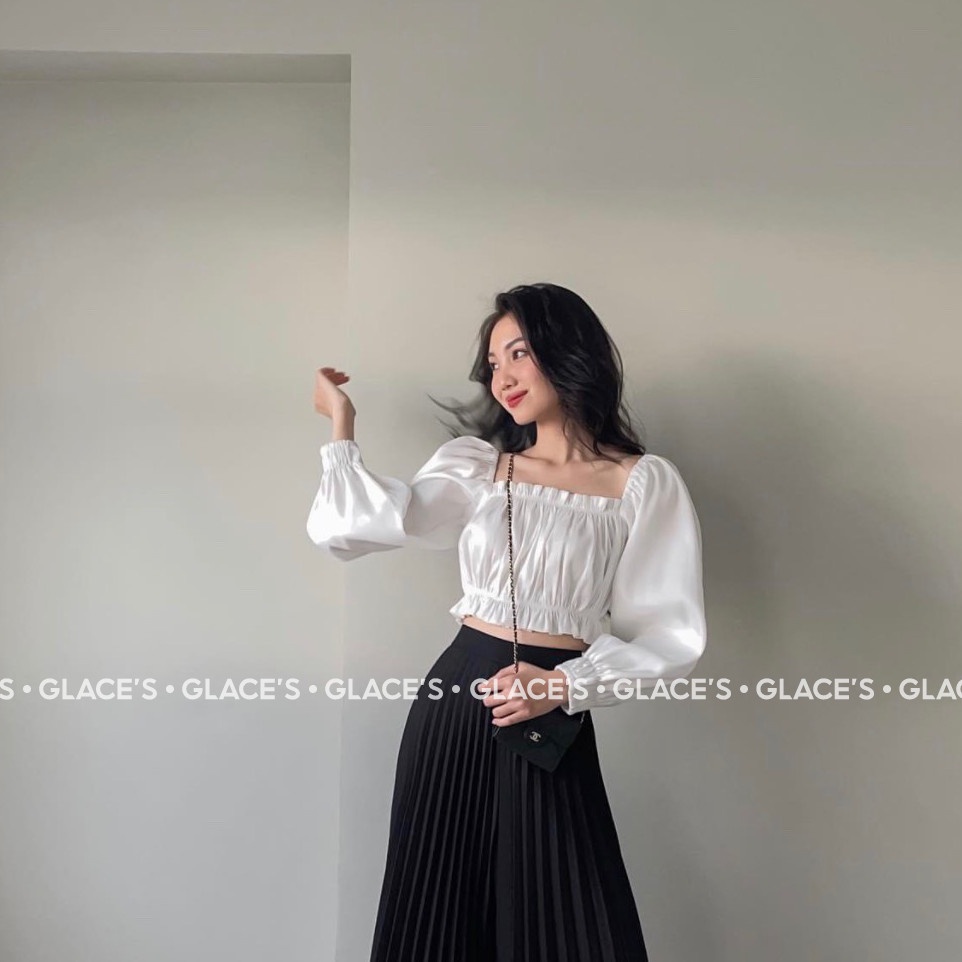 Áo Croptop trễ vai thiết kế dài tay, bo chun mềm chất liệu vải voan tơ Organza, áo Croptop kiểu tay phồng cổ vuông