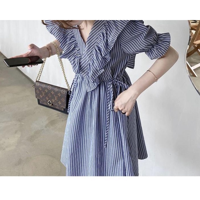 Đầm Babydoll Tay Phồng Họa Tiết Kẻ Sọc Phong Cách Pháp Cổ Điển Thời Trang Mùa Hè Mới Cho Nữ 2022
