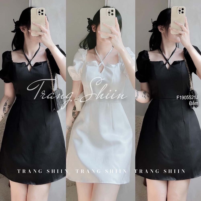 Đầm xòe tăcta lụa cổ vuông phối dây chéo cổ