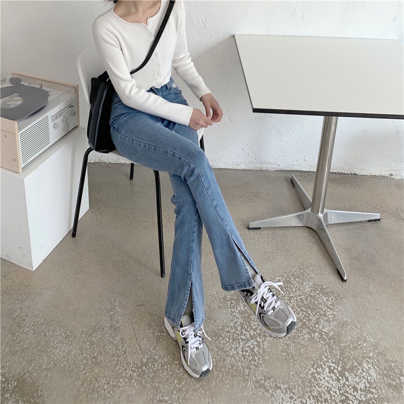 QKOOLE  Quần Jean Dài Eo Cao Vải Mỏng Phong Cách Hàn Quốc Dành Cho Nữ