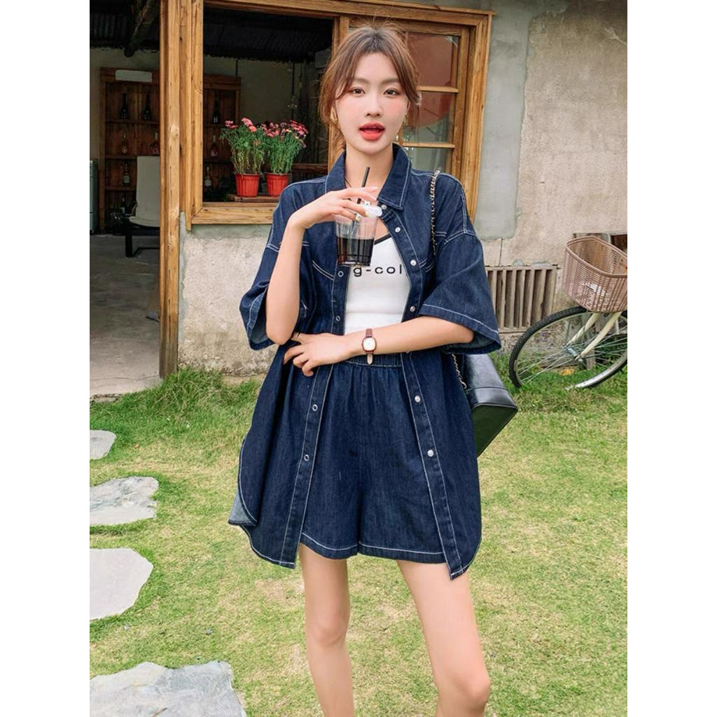 SET JEANS VIỀN CHỈ 2 MÓN doubleh.clo - Set áo sơ mi bò jeans viền chỉ kèm quần short cạp chun co giãn mềm mại chất mát