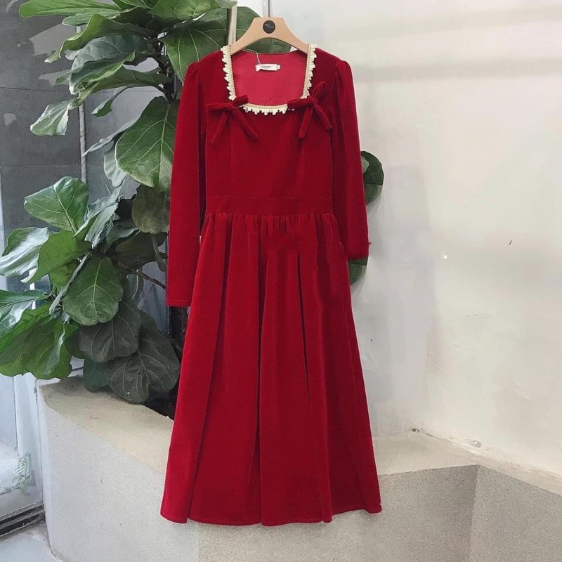 🌻🌻Váy tiểu thư,váy nhung phối ren viền cổ màu đỏ đô | BigBuy360 - bigbuy360.vn