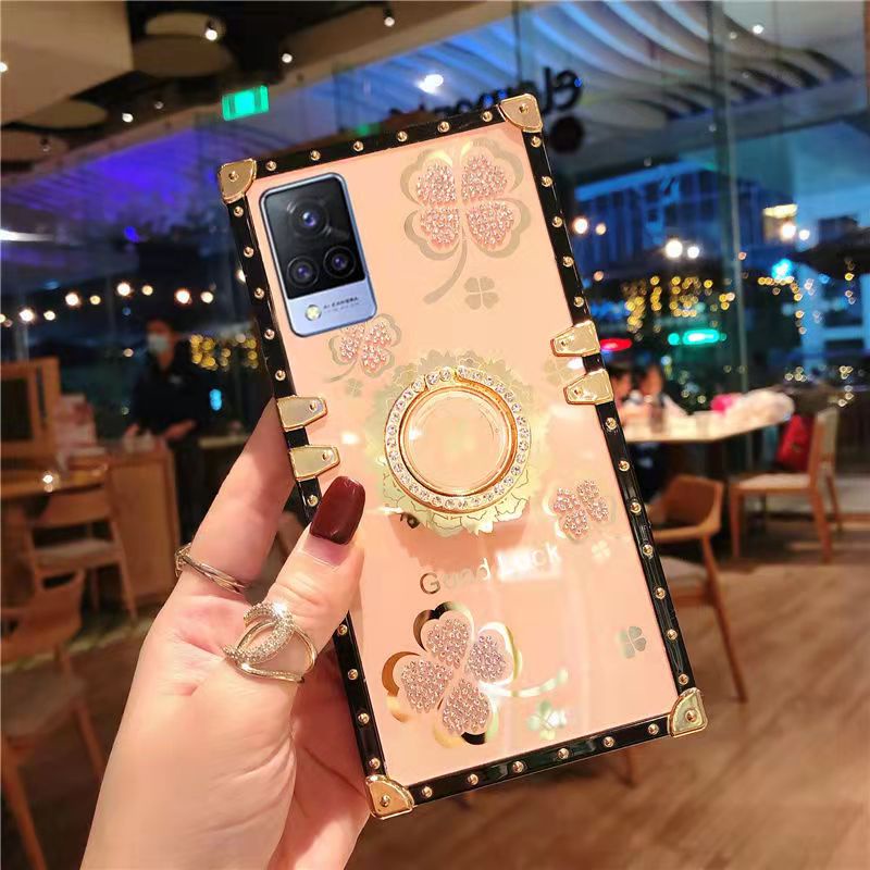 Ốp Điện Thoại Hình Vuông Đính Đá Lấp Lánh Kèm Giá Đỡ Nhẫn Cho Vivo Y15s Y21 Y73s Y20 Y30 Y19 Y95 Y11 Y15 Y72 Y51 2020