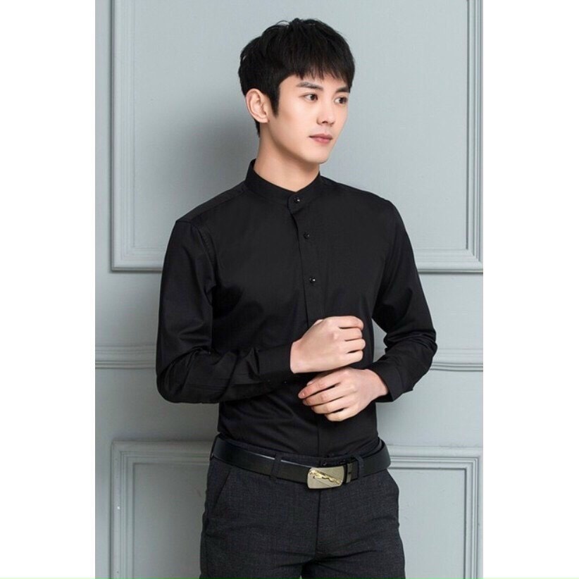 Áo sơ mi nam Cổ Tàu hai màu trắng đen trơn basic vải lụa, áo sơ mi nam công sở mặc văn phòng sự kiện lịch sự