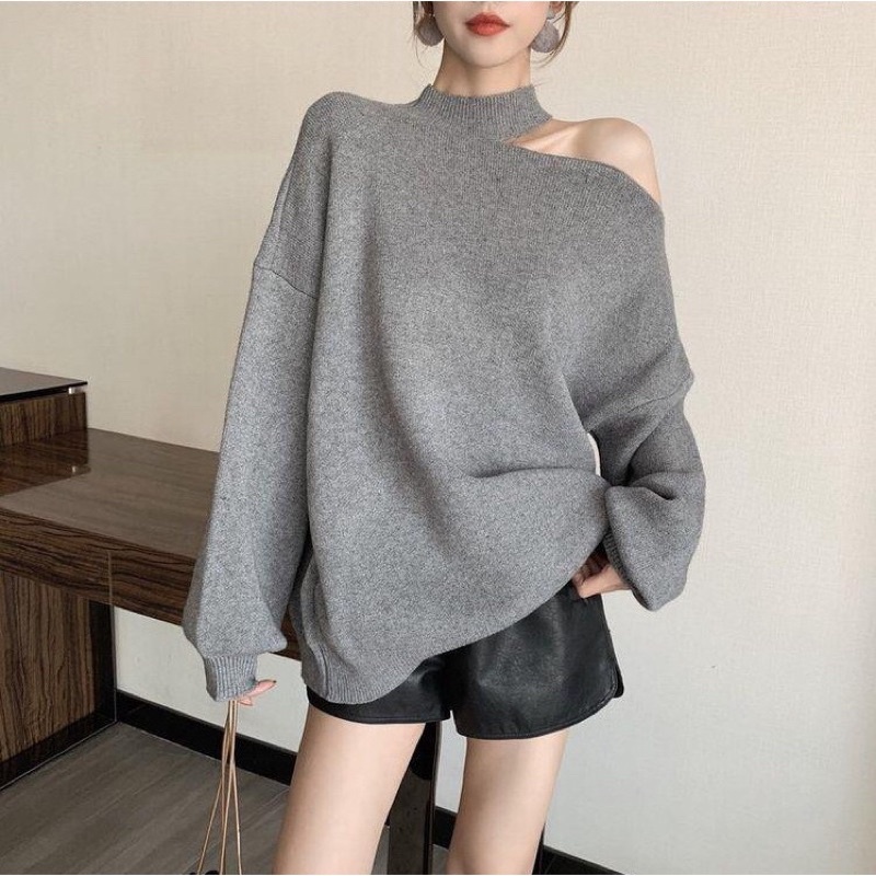 Áo Nỉ Nữ Hàn Quốc Dáng Cut Out Khoét Vai Dài Tay 2 Màu Cực Xinh