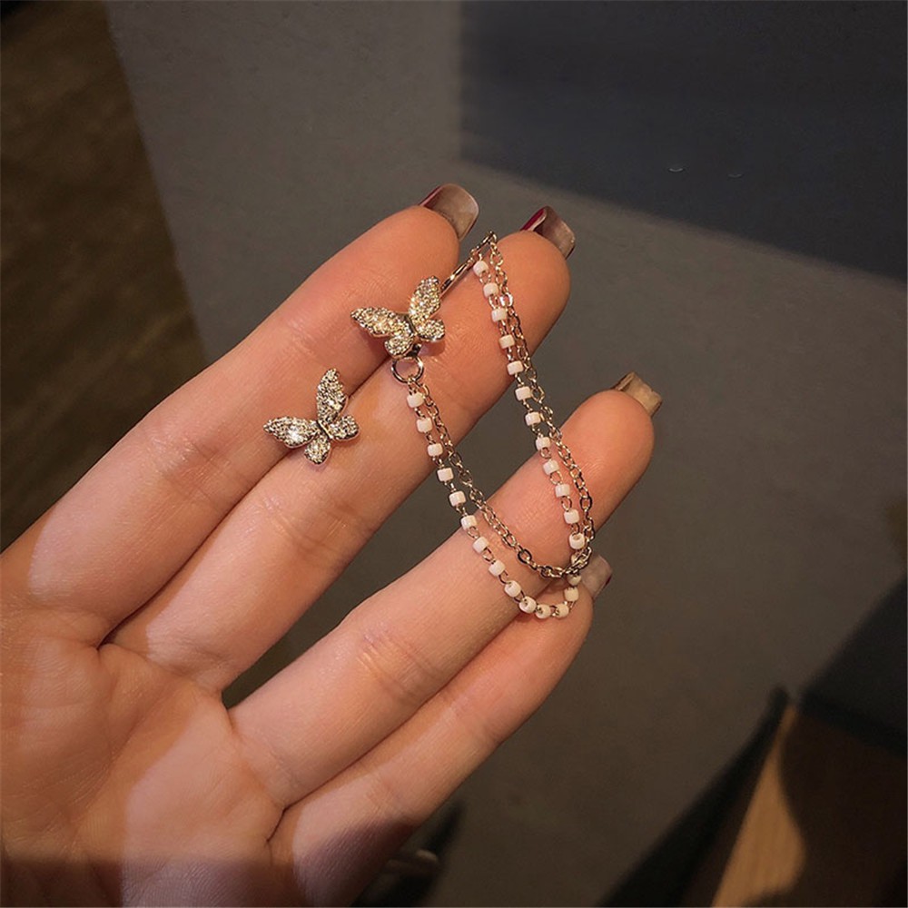 Hoa Tai Dáng Dài Hình Bướm Đính Đá Phối Ngọc Trai Thanh Lịch