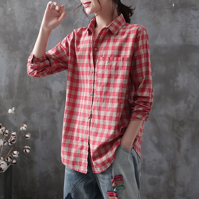 Áo Sơ Mi Chất Liệu Cotton Lanh Thiết Kế Mới Họa Tiết Sọc Caro Thời Trang Theo Phong Cách Vintage