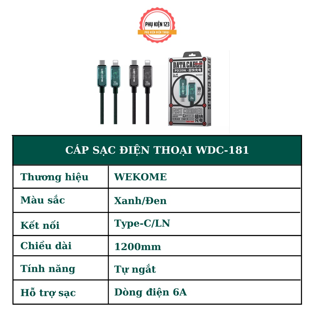 Dây cáp sạc nhanh 20W Type c -LN WEKOME WDC181 chất liệu dây dù tích hợp sạc nhanh 20W