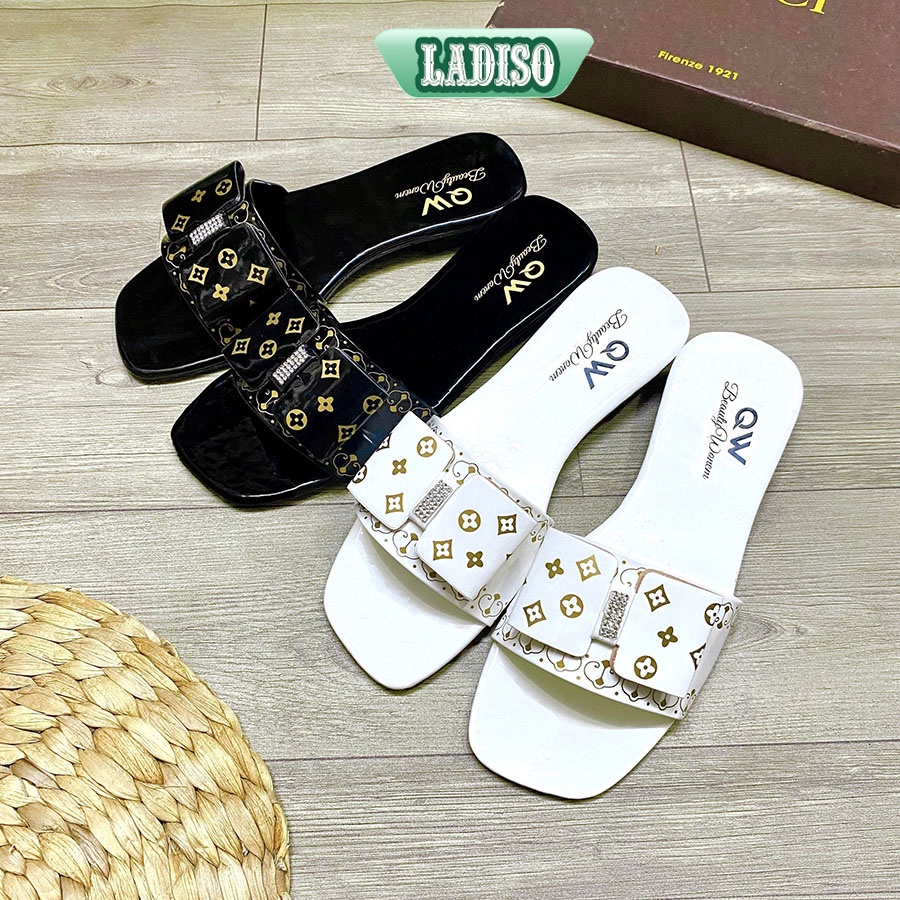 Dép nữ quai ngang thời trang họa tiết phối nơ đính đá sang trọng trẻ trung LADISO - TT443