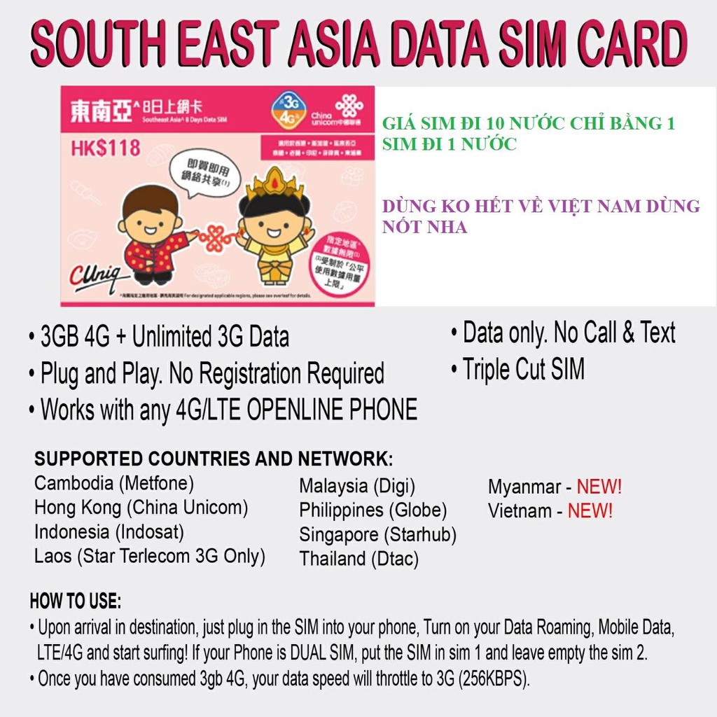 Sim 4G Asian 8 ngày ( gói sim 10 nước Asian)