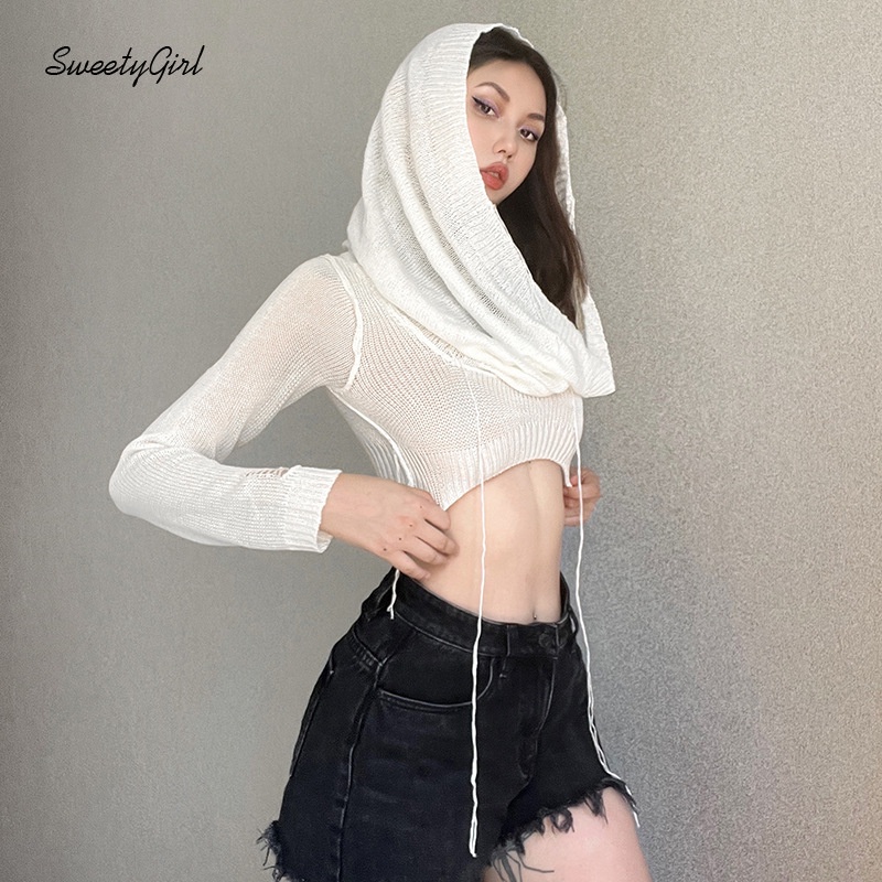 Áo thun tay dài có mũ trùm màu trắng trơn thời trang 2022 cho nữ