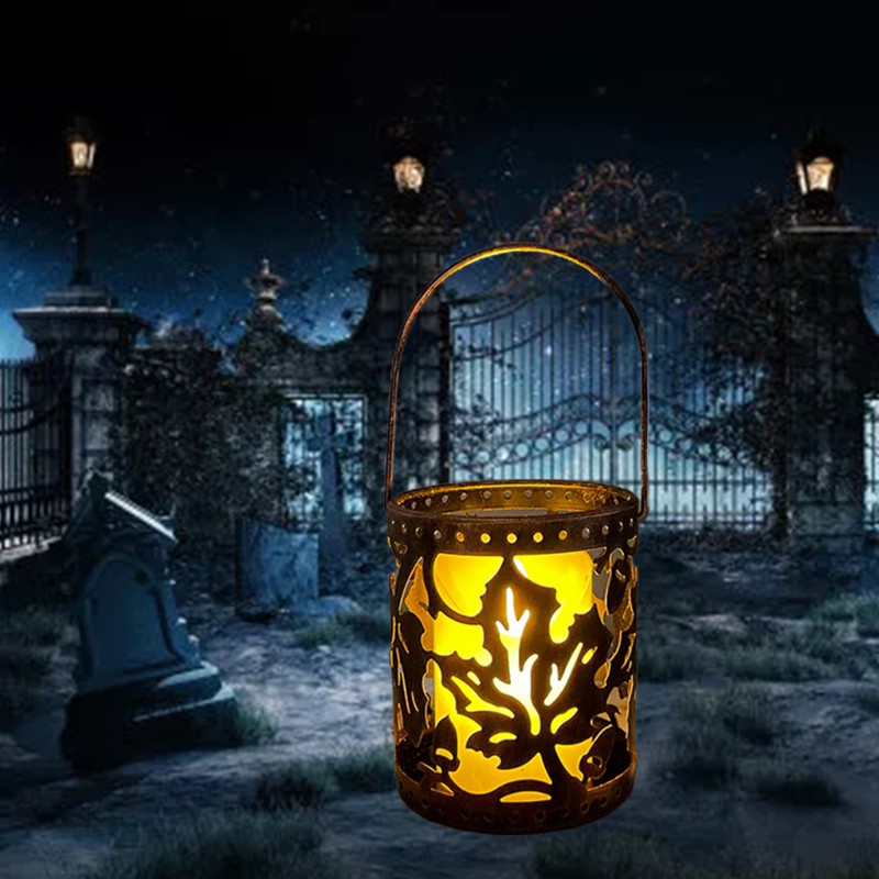kiss Wrought Iron Wind Lantern Candlestick Garden Retro Wrought Iron Candle Holder Outdoor Door Decors Hollow Halloween Style