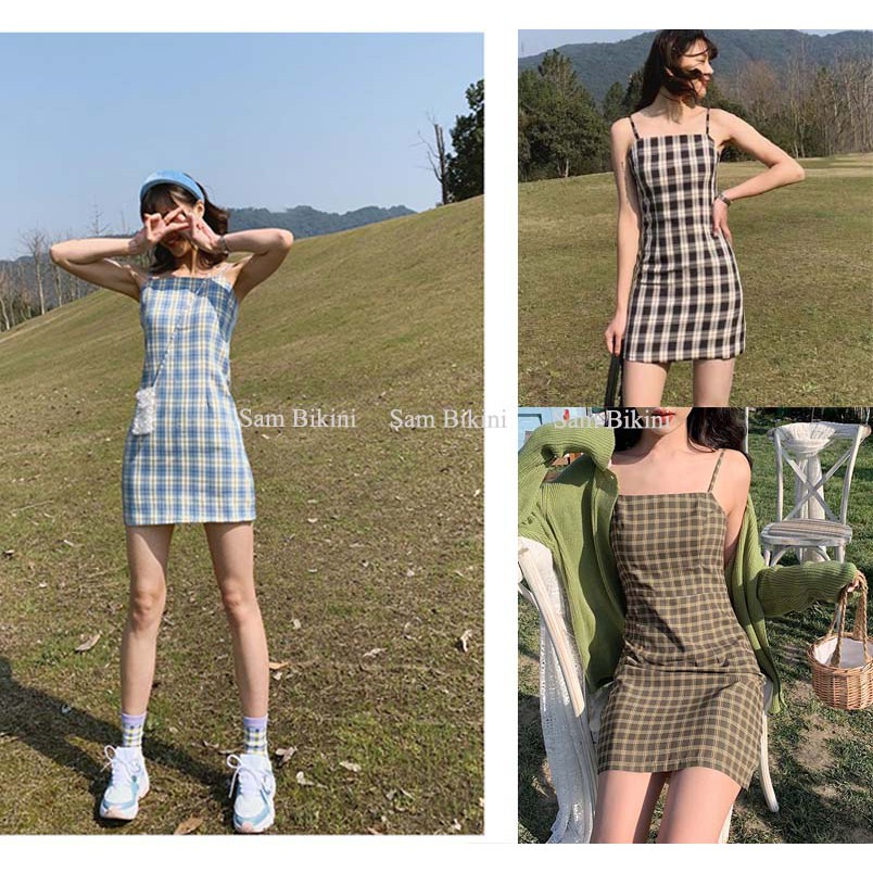 Đầm,Váy hai dây kẻ sọc caro dáng ôm nhiều màu phong cách cá tính V01
