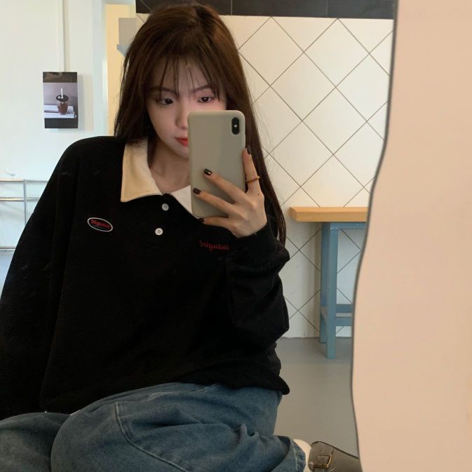 Áo Sweater Cổ Polo Dáng Rộng Thời Trang Mùa Đông Hàn Quốc Dành Cho Nữ