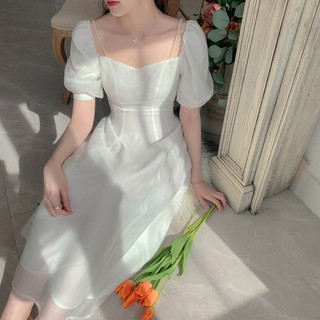 Váy đầm tiểu thư mầu trắng bánh bèo thiết kế 2 lớp voan cổ vuông retro vintage dáng xòe dài đủ size s m l