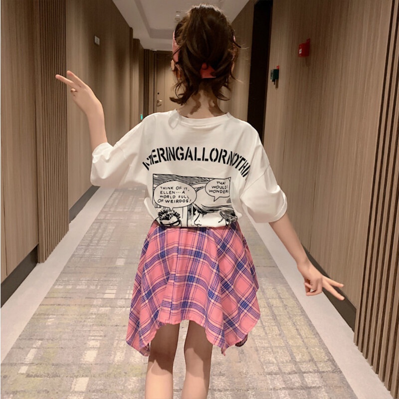 Set đồ IQ ANGEL gồm áo ngắn tay và quần culottes sọc ca rô thời trang đáng yêu cho bé gái