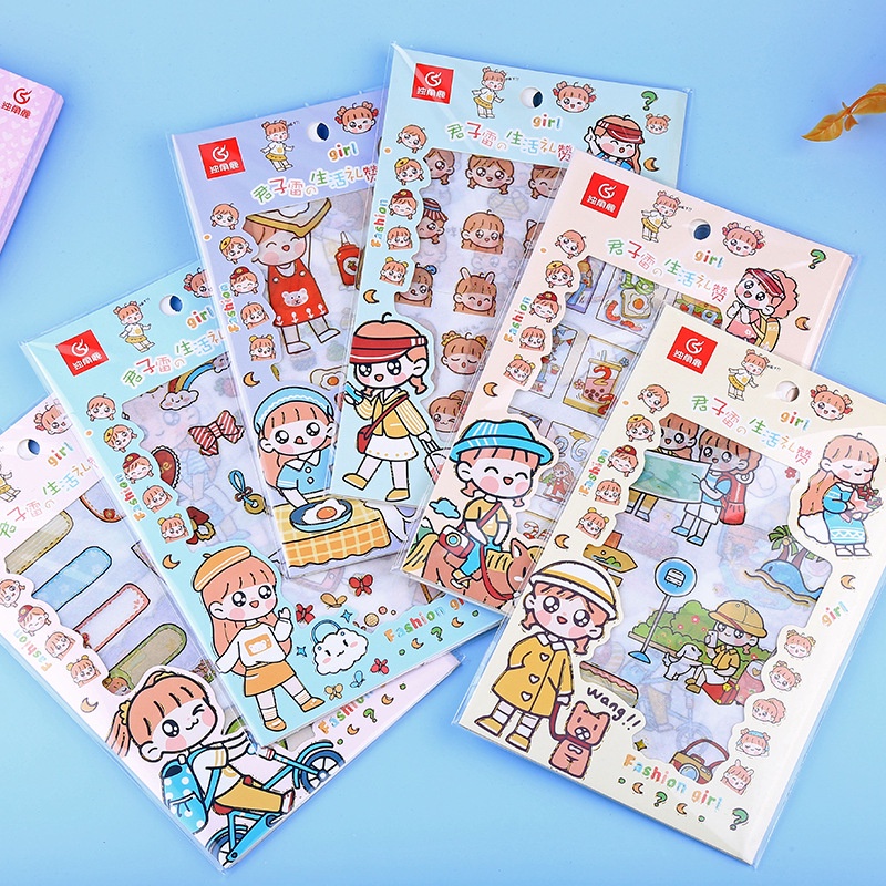 Sticker cute trang trí sổ bullet journal scrapbook nhật kí album Set 4 tấm K47 hình Cô Gái Siêu Dễ Thương