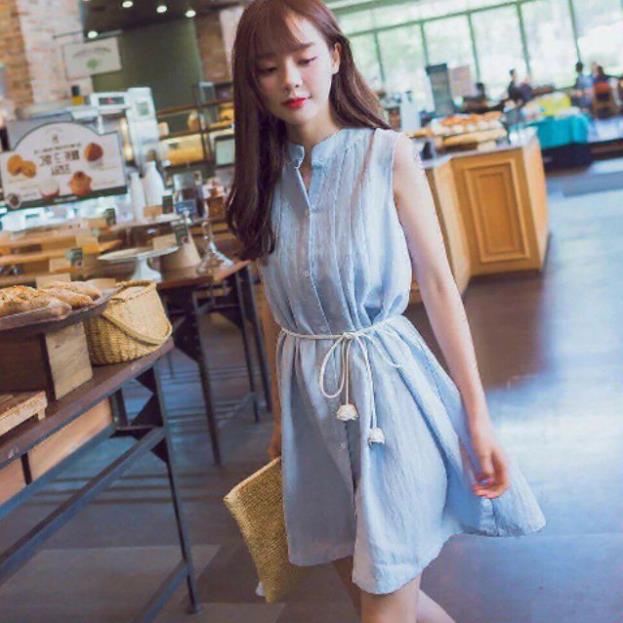 X2 Đầm xanh cổ trụ xếp li babydoll bầu bì ngắn xòe sát nách (kèm hình thật) tasa