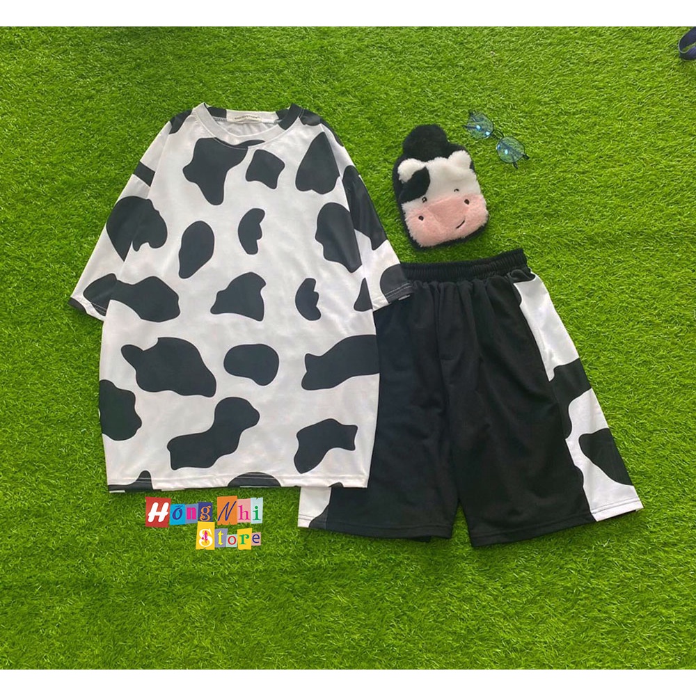 Set Bộ Con Bò Thun Tay Lỡ Tie Tee Phối Quần Cartoon Đùi Ulzzang Unisex Dáng Rộng - MM